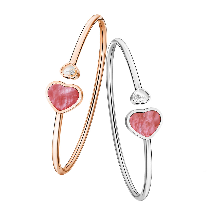 Chopard, браслеты Happy Hearts, белое и розовое золото, розовый опал, бриллианты