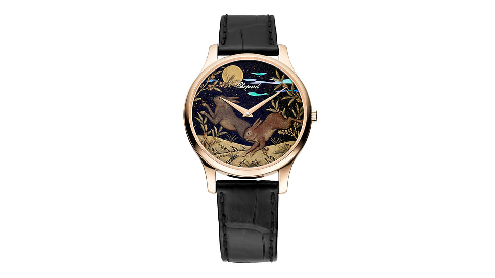 Мужские часы Chopard L.U.C XP Urushi Year of the Rabbit, корпус диаметром 39,5 мм из «этичного» розового золота, лаковый циферблат в технике уруши вручную изготовлен в Японии мастером Минори Коизуми из компании Yamada Heiando, мануфактурный автоматический механизм, лимитированная серия из 88 экземпляров.