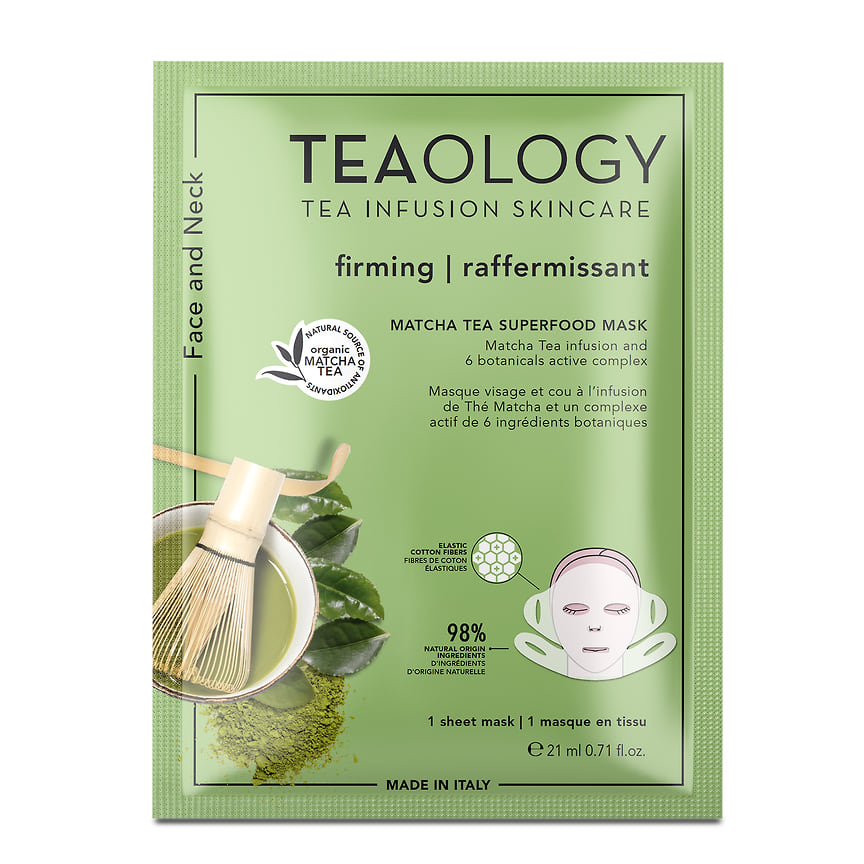 Teaology, биоразлагаемая маска для лица и шеи Green Tea Matcha Tea: уменьшает проявления признаков старения, увлажняет и тонизирует кожу.