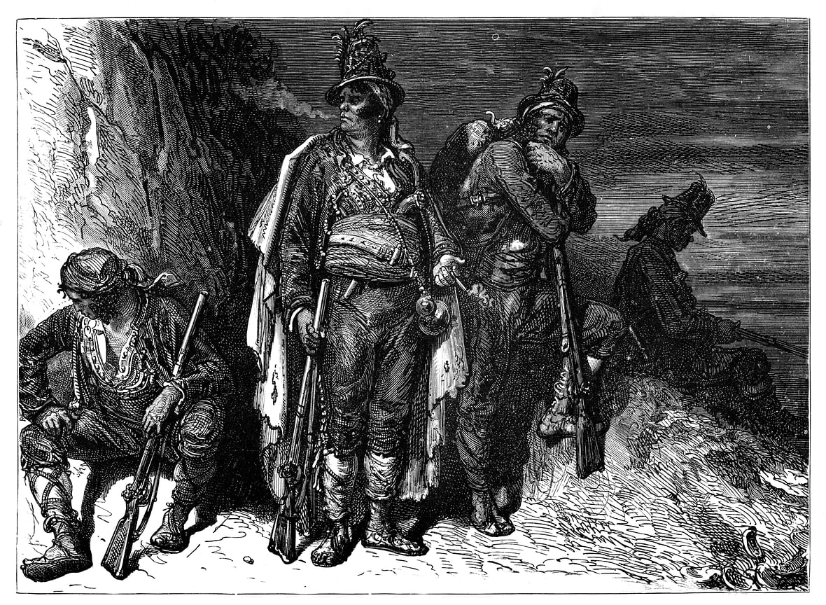 Испанские береговые охранники, 1890 год. Гравюра из книги Роберта Брауна «Страны мира»