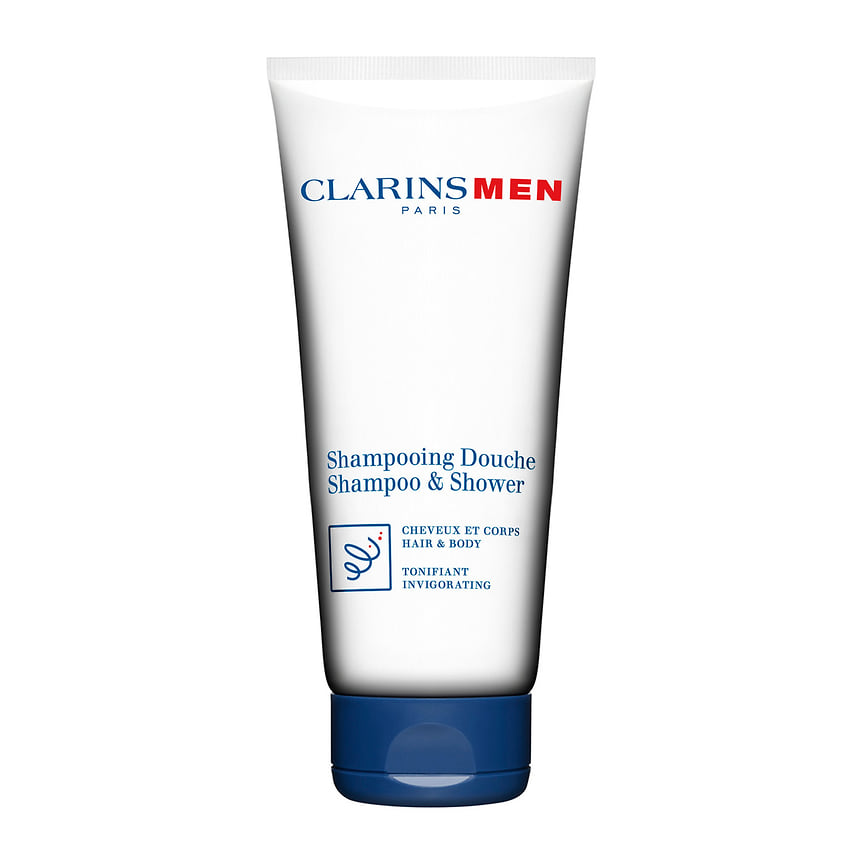 Clarins Man, тонизирующий шампунь-гель для волос и тела для мужчин Shampooing Douche с экстрактами трав и витаминами в составе.