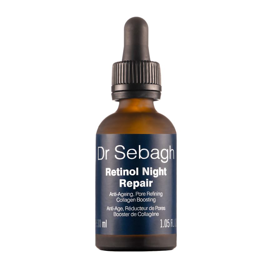 Dr Sebagh, антивозрастная ночная сыворотка с ретинолом Retinol Night Repair: выравнивает тон кожи, сужает поры, стимулирует обновление клеток и синтез коллагена. В составе: 0,3% ретинола, смола мастикового дерева, сквалан, масло семян шиповника.