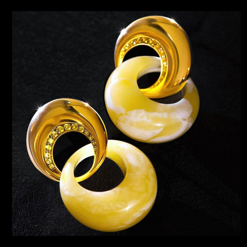 Серьги, золото, янтарь, желтые сапфиры, Ming Jewellery