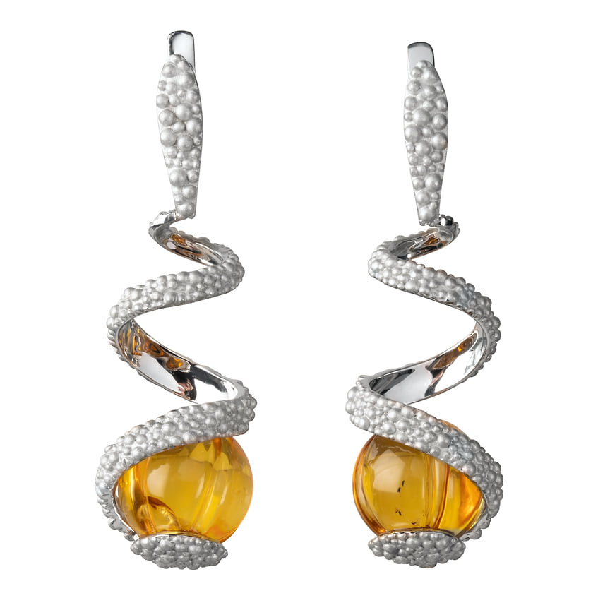 Серьги «Цитрус», белое золото, янтарь, Epic Jewellery