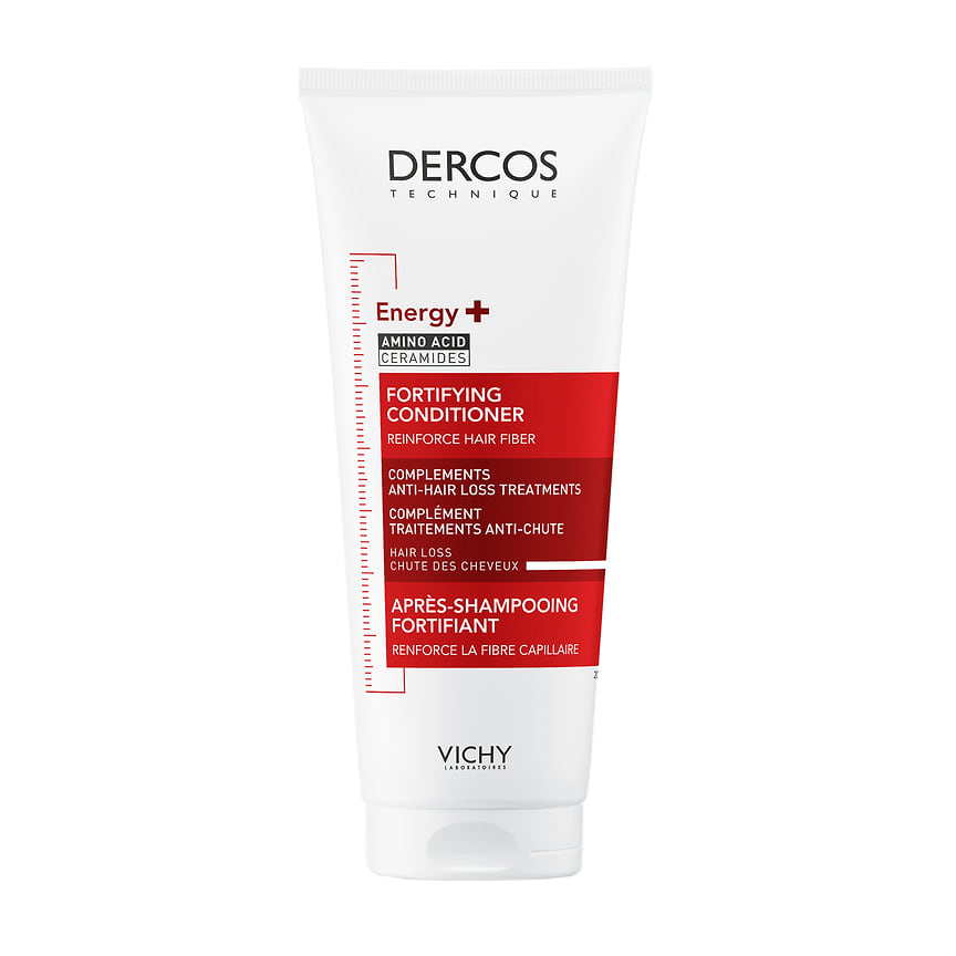 Vichy, укрепляющий кондиционер против выпадения волос Dercos Energy+. В составе: аминексил, аргинин, AHA-кислота, керамиды