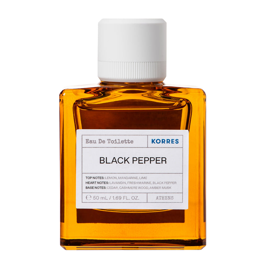 Korres, туалетная вода Black Pepper. Ноты: лимонное дерево, мандарин, лайм, лаванда, черный перец, кедр, кашемировое дерево, амбра, мускус