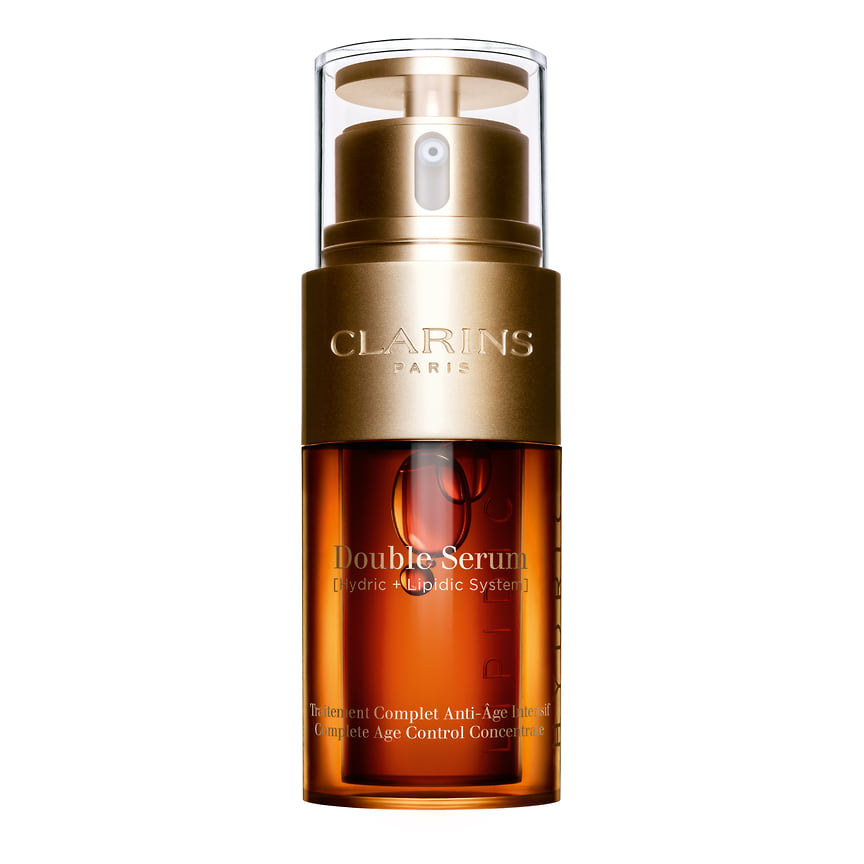 Clarins, комплексная омолаживающая двойная сыворотка для лица Double Serum: стимулирует питание, увлажнение, насыщение кислородом, регенерацию и защиту кожи, а также воздействует на все признаки старения. В составе: двойная формула, объединяющая 21 растительный экстракт (куркума, расторопша, манго, ворсянка, эдельвейс, конский каштан и другие)