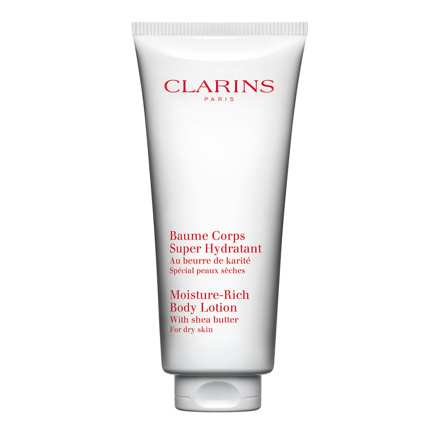 Clarins, увлажняющий бальзам для тела Baume Corps Super Hydratant. В составе: исключительно высокую концентрацию масла карите, экстракты малины и овса