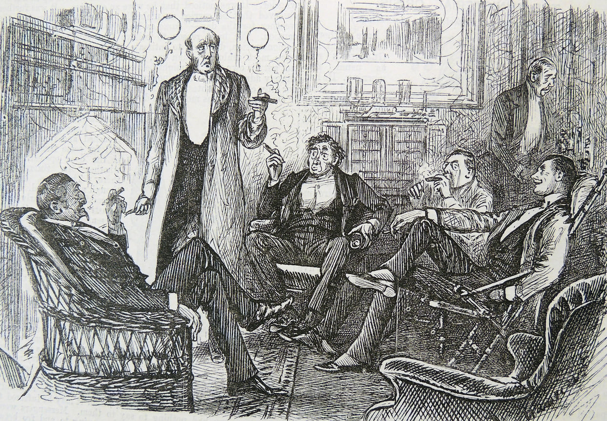 Курительная комната: карикатура Джорджа дю Морье  из журнала «Панч», 1886