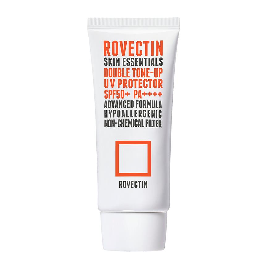 Rovectin, солнцезащитный тонирующий крем для лица Double Tone Up UV Protector SPF50+ PA++++: крем с минеральными фильтрами и тонирующей основой розовато-бежевого для выравнивания тона лица, можно использовать как базу для макияжа. Подходит веганам. (в Foam)