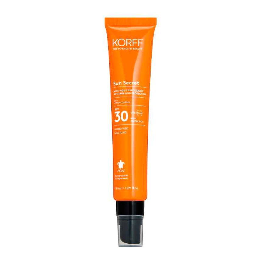 Korff, легкий водостойкий флюид для лица с SPF 30 Sun Secret Anti-Age And Protection Face Fluid: защищает кожу от солнца и фотостарения, предотвращает преждевременное появление морщин. В составе: физические фильтры
