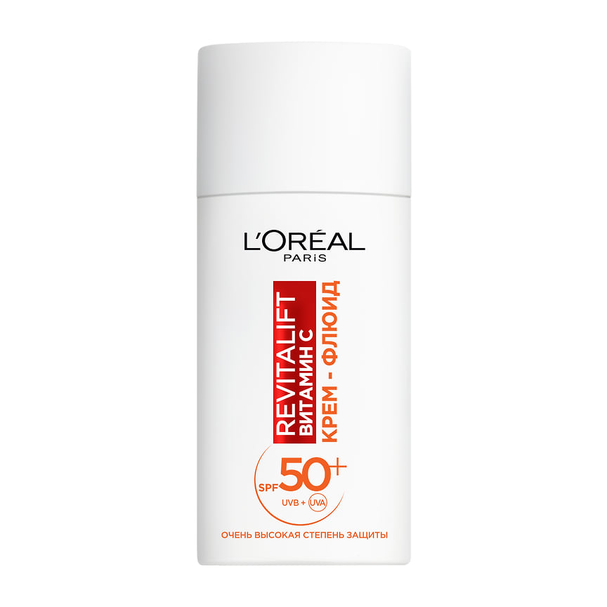 L’Oreal Paris, увлажняющий дневной крем-флюид Revitalift для лица, с SPF 50: предотвращает, защищает и сокращает видимые возрастные изменения кожи. В составе: формула с защитой от UV-излучения, витамин С
