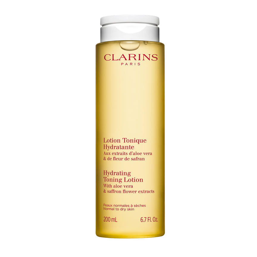 Clarins, увлажняющий тоник для нормальной и сухой кожи Lotion Tonique Hydratante. В составе: комплекс из морской воды, экстрактов водорослей хлореллы и ламинарии, полифенолы цветков шафрана