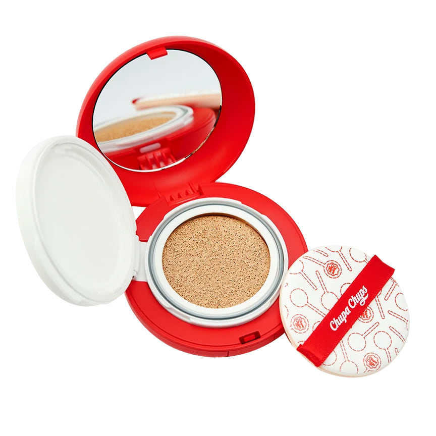 Chupa Chups, тональная основа-кушон SPF 50+ PA +++CANDY GLOW CUSHION: выравнивает тон и корректирует текстуру кожи, перекрывает покраснения, следы от высыпаний и пигментацию. Не подчеркивает шелушения, не трескается и не стекает в течение дня