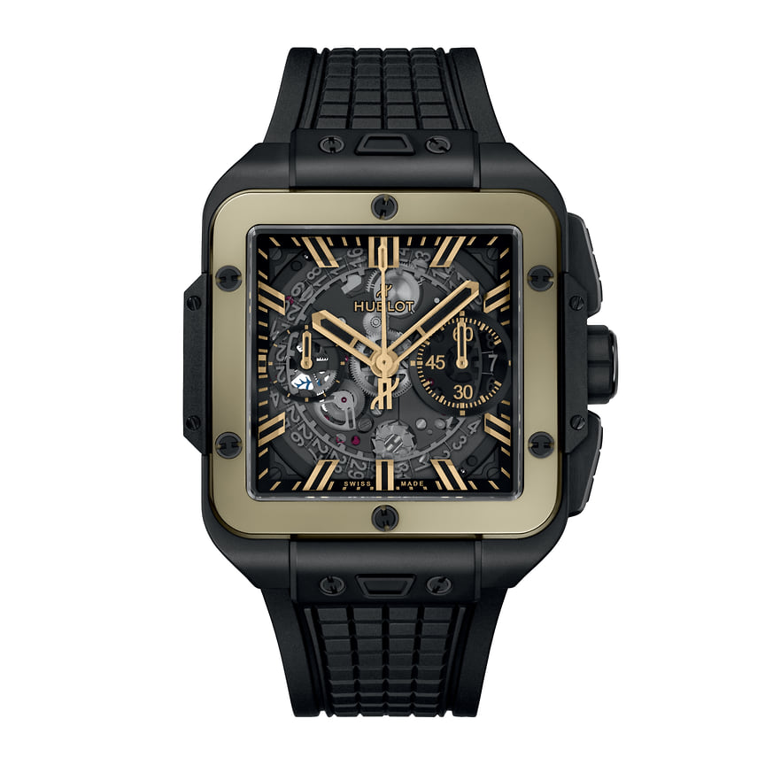 Hublot Square Bang Unico Ceramic Magic Gold: керамический корпус диаметром 42 мм с безелем из фирменного золотого сплава Magic Gold