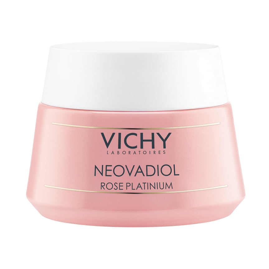 Vichy, дневной крем для ухода за зрелой кожей лица после 60 лет линии Neovadiol Rose Platinum для повышения тонуса кожи и сияния с парфюмерной отдушкой ноты розы. В составе: минеральные пигменты с перламутром, пчелиный воск, кальций и масло карите, обогащенное Омега 6-9