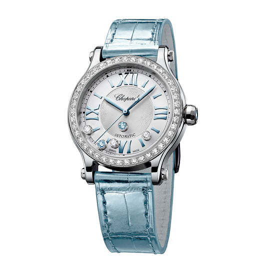 Часы Happy Sport 33 mm, сталь, бриллианты, аквамарины, Chopard