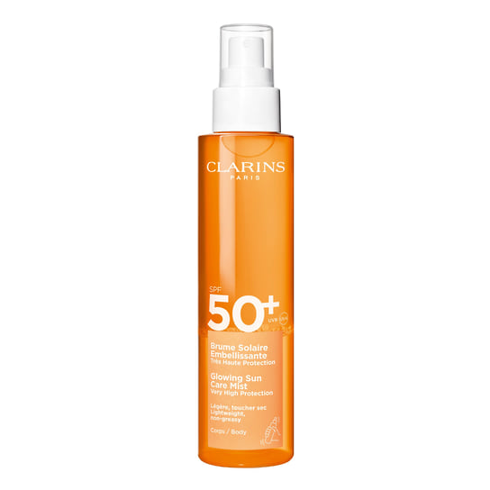 Clarins, увлажняющий солнцезащитный спрей для тела SPF 50+ Brume Solaire Embellissante с защитой кожи от фотостарения, против морщин и пигментных пятен