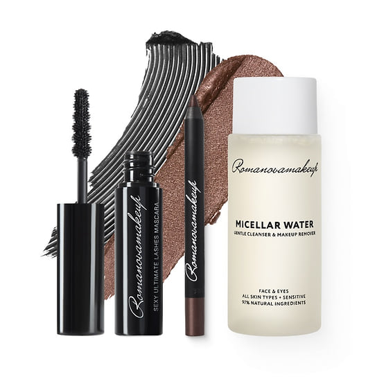 Romanovamakeup, косметичка для путешествий. В наборе: тушь для ресниц, водостойкий карандаш для глаз, контур-карандаш для губ, кремовый хайлайтер, мицеллярная вода, точилка.