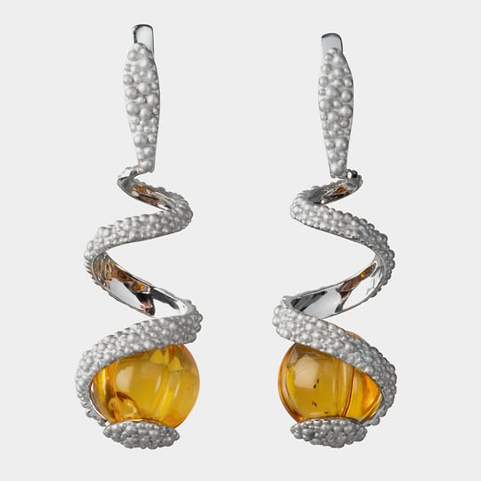 Серьги Citrus, белое золото, янтарь, Epic Jewellery