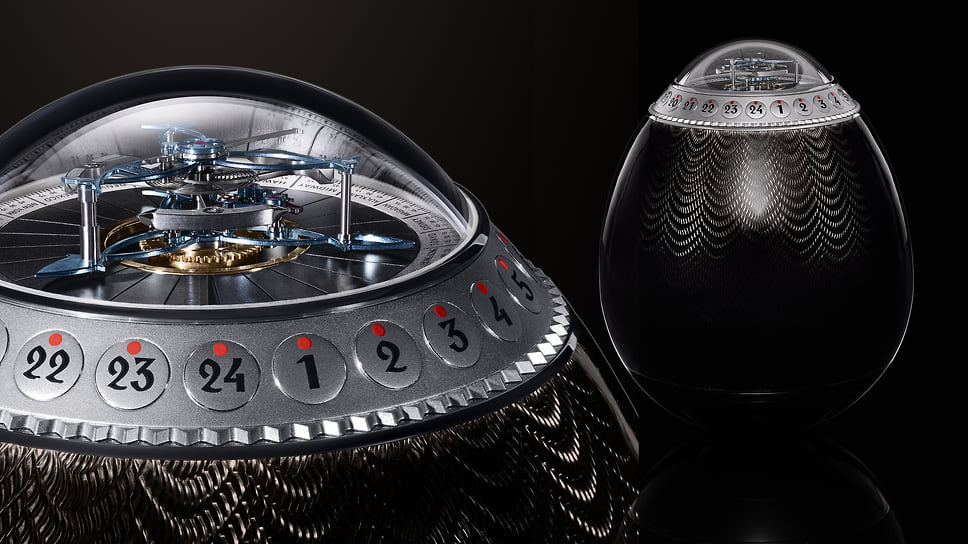  Anton Suhanov St. Petersburg Easter Egg Tourbillon Clock (номинация «Настольные часы»): механизм с турбийоном, мировым временем и ручным заводом; корпус 100 Х 128 мм — сталь/титан; цена — 59 тыс. (здесь и далее — в швейцарских франках), лимитированная 24 экз. серия