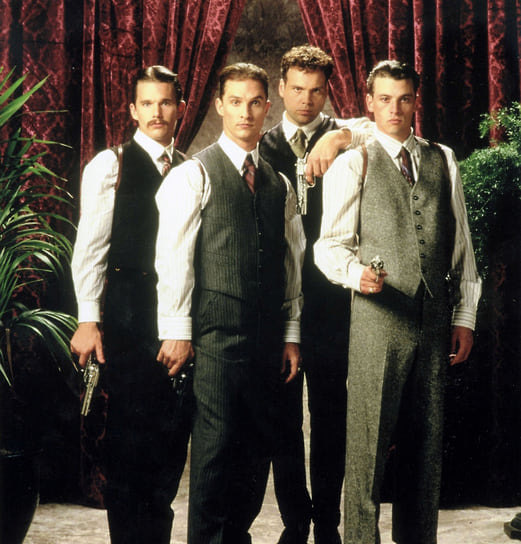 Итан Хоук, Мэттью Макконахи, Скит Ульрих и Винсент Д’Онфрио в фильме «Братья Ньютон», 1998 год
