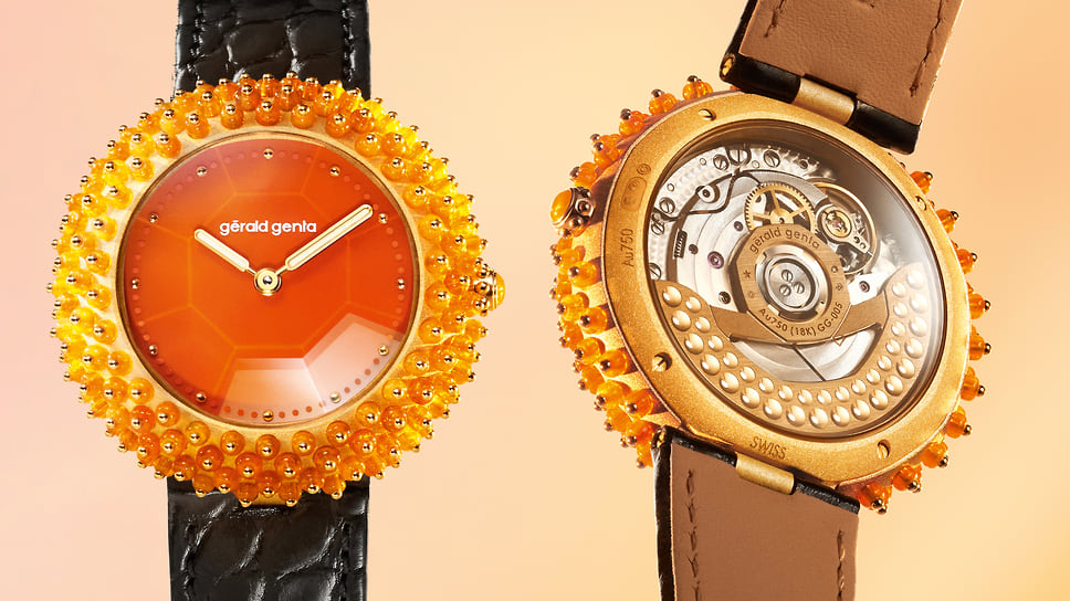 Номинация «Женские часы»: Gerald Genta Gentissima Oursin Fire Opal, автоматический механизм с запасом хода 50 часов; корпус 36,5 мм — желтое золото, огненные опалы; циферблат — оранжевый сердолик; цена — 120 тыс.; лимитированная 10 экземплярами серия
