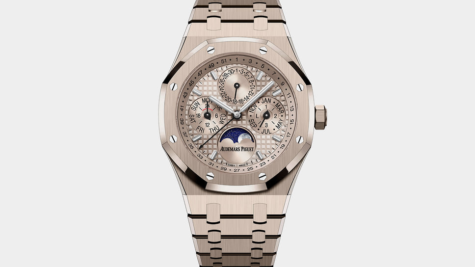 Номинация «Иконические/легендарные часы»: Audemars Piguet Royal Oak Perpetual Calendar, автоматический механизм с вечным календарем, индикатором фаз Луны и указателем недели (52 в году) с запасом хода 55 часов; корпус 41 мм – розовое золото; цена – 141 тыс.