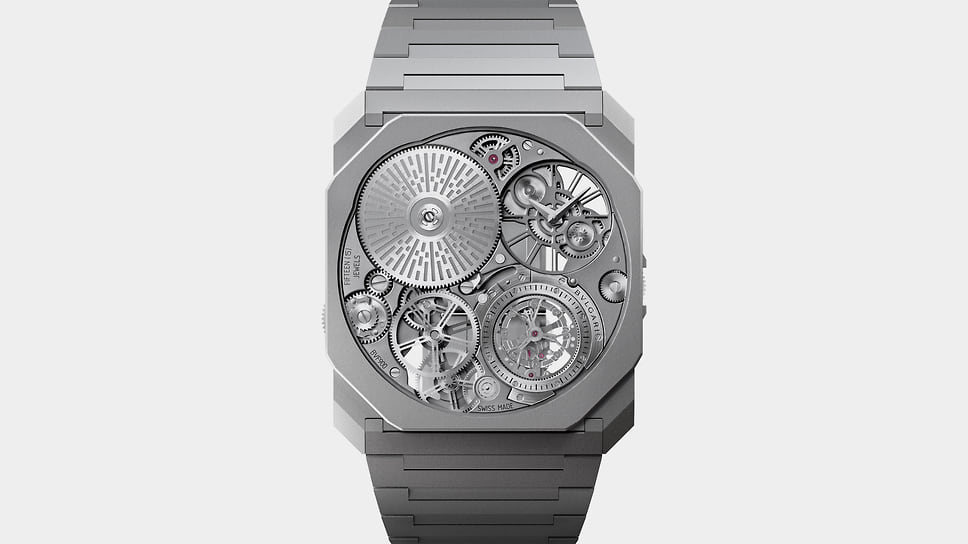 Номинация «Часы с турбийоном»: Bvlgari Octo Finissimo Ultra Tourbillon, рекордный ультратонкий механизм с турбийоном, ручным заводом с запасом хода 42 часа; корпус 40 мм – титан; цена – 635 тыс.; лимитированная 20 экз. серия