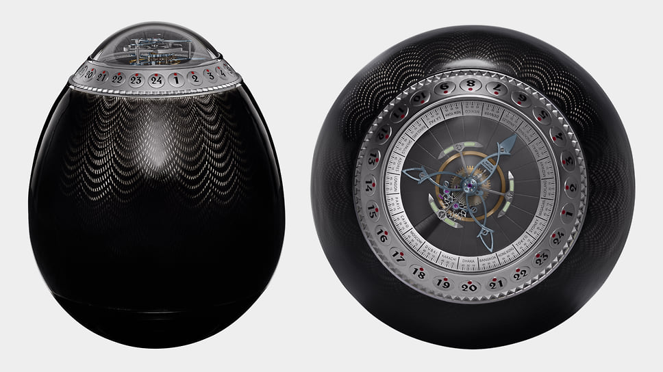 Специальная номинация «Часовое откровение» (бренды возрастом до 10 лет): Anton Suhanov St. Petersburg Easter Egg Tourbillon Clock, механизм с турбийоном, мировым временем, ручным заводом и запасом хода 7,5 суток; корпус 100 Х 128 мм — сталь/титан, узор гильоше, горячая эмаль; цена — 59 тыс.; лимитированная 24 экз. серия