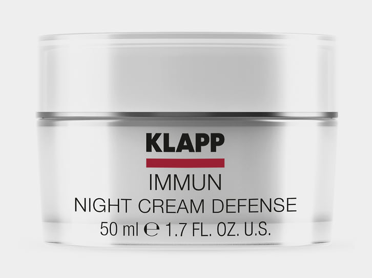 KLAPP, ночной крем для лица Immun Night Cream Defense c увлажняющим и регенерирующим эффектом. В составе: алое вера, водорослевый экстракт, Вит. А, Е, F, масло ши, соевое масло, пантенол