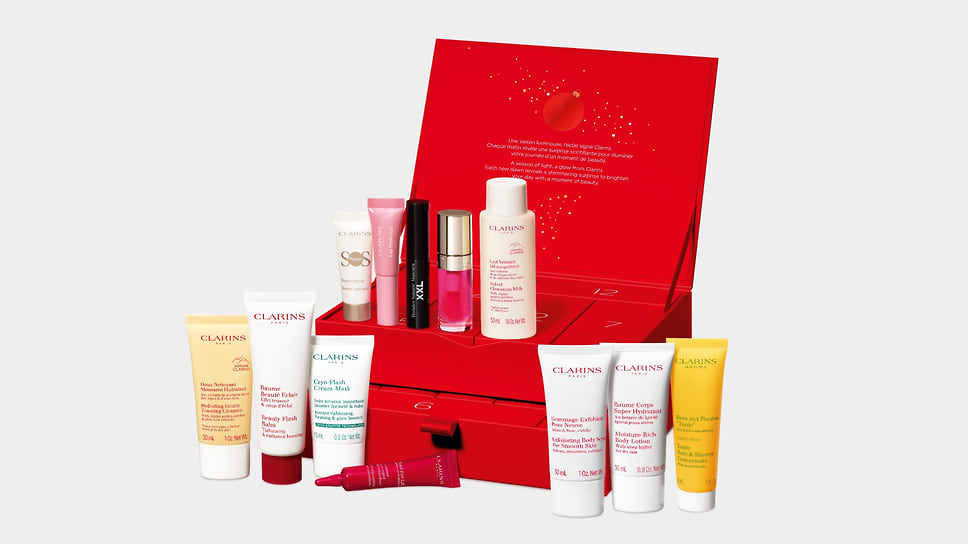 Clarins, адвент-календарь с 12 средствами ухода и макияжа: популярные средства для ухода за лицом и телом, декоративная косметика
