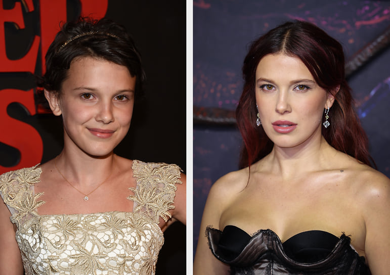 Милли Бобби Браун (Одиннадцать). Милли было 12 лет, когда она впервые появилась в роли Одиннадцать, 2016 год. Сейчас актрисе 21 год, она делает карьеру и замужем за Джейком Бонджови