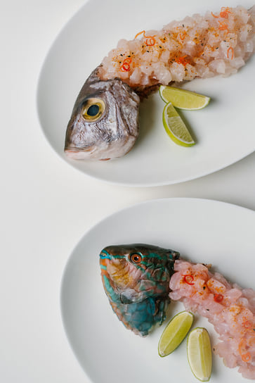 Рыба целиком тартар с трюфельным шисо, лаймом и перцами шичими