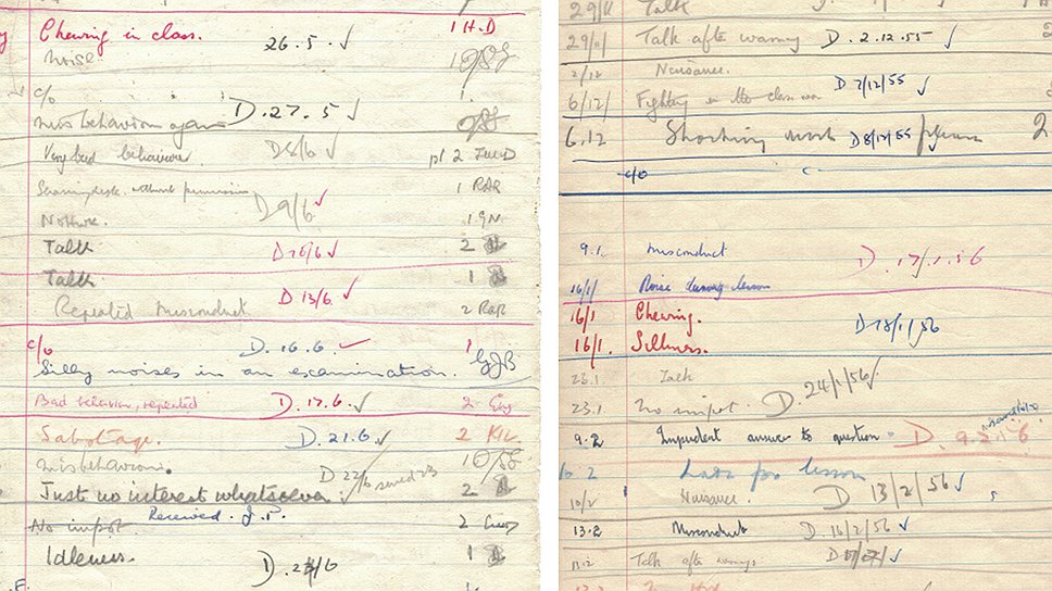 Два листка из документации ливерпульской школы Quarry Bank, свидетельствующие, что ученик Джон Уинстон Леннон оставлен после уроков за плохое поведение. $13 811 за штуку 
