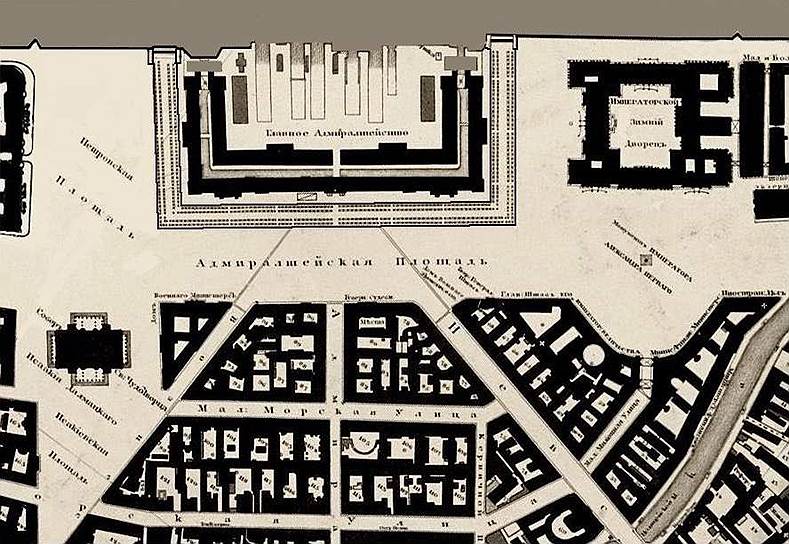 Фрагмент плана Санкт-Петербурга 1828 года: виден размах системы площадей вокруг Адмиралтейства и четкая полоска узкого бульвара, охватывавшего Адмиралтейство с трех сторон. Отсюда прогуливавшемуся здесь Онегину открывалась прекрасная панорама центра Санкт-Петербурга 
