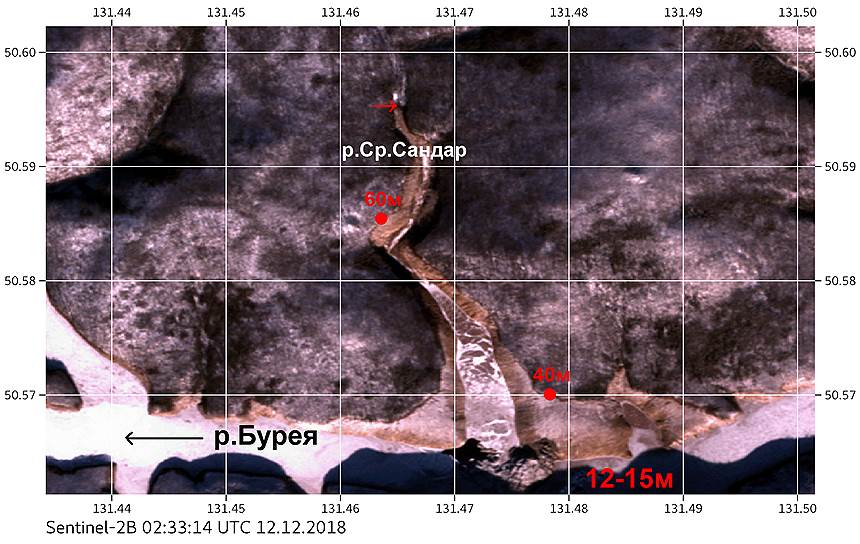 Снимок спутника Sentinel-2B, показывающий участок Бурейского водохранилища, на левом берегу которого 11 декабря 2018 года в 14:48 (мест. вр.) произошел оползень,полностью перекрывший русло реки. Стрелкой показано место максимального проникновения волны ледового цунами по долине реки Средний Сандар. Цифры показывают измеренные высоты заплесков.