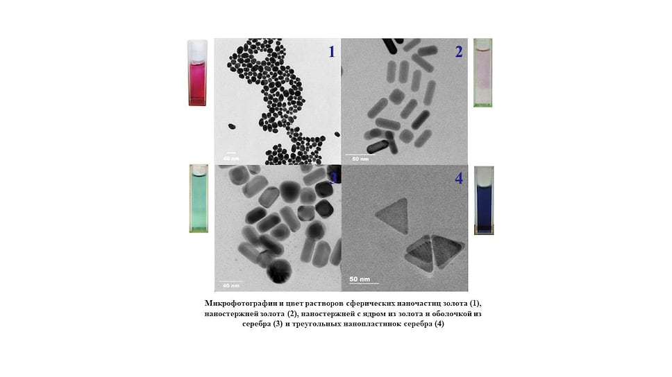 Микрофотографии и цвет растворов сферических наночастиц золота, наностержней золота, наностержней с ядром из золота и оболочкой из серебра и треугольных нанопластинок серебра