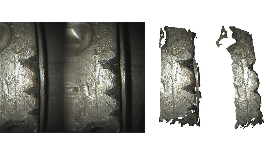 Пример зарегистрированного стереоскопического изображения (слева) и восстановленная по нему форма наблюдаемого объекта (справа)