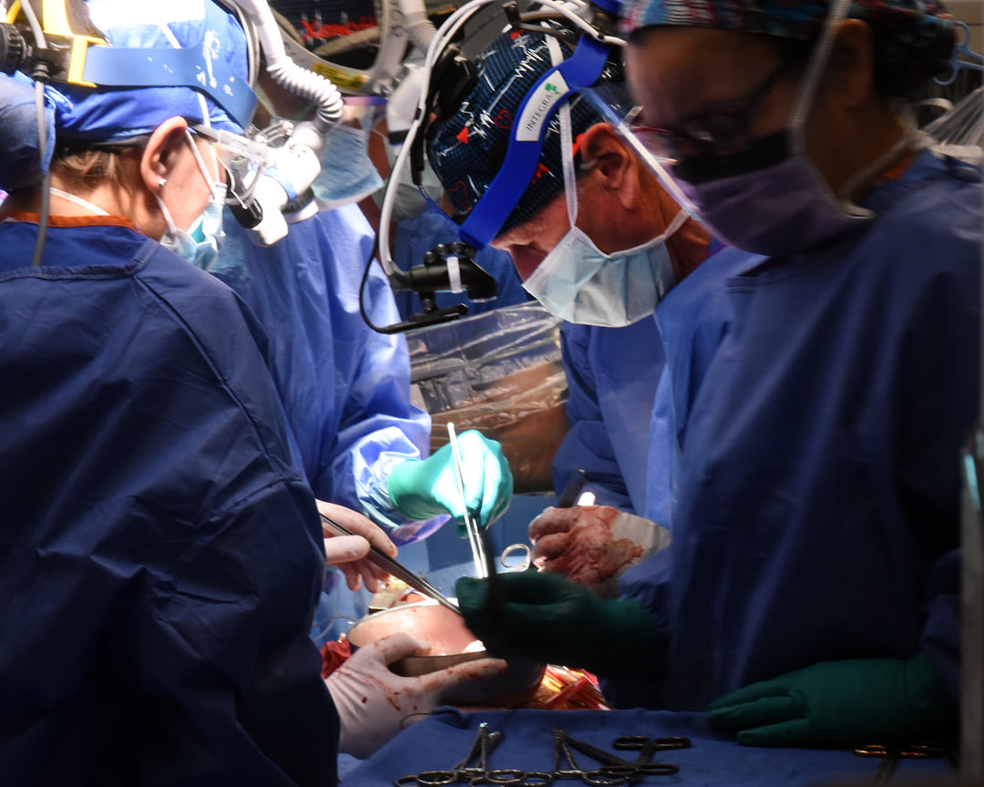 Бартли П. Гриффит, доктор медицинских наук (в центре), во время операции по ксенотрансплантации модифицированного сердца свиньи Лоуренсу Фаусетту в Медицинском центре Университета Мэриленда, 20 сентября 2023 года