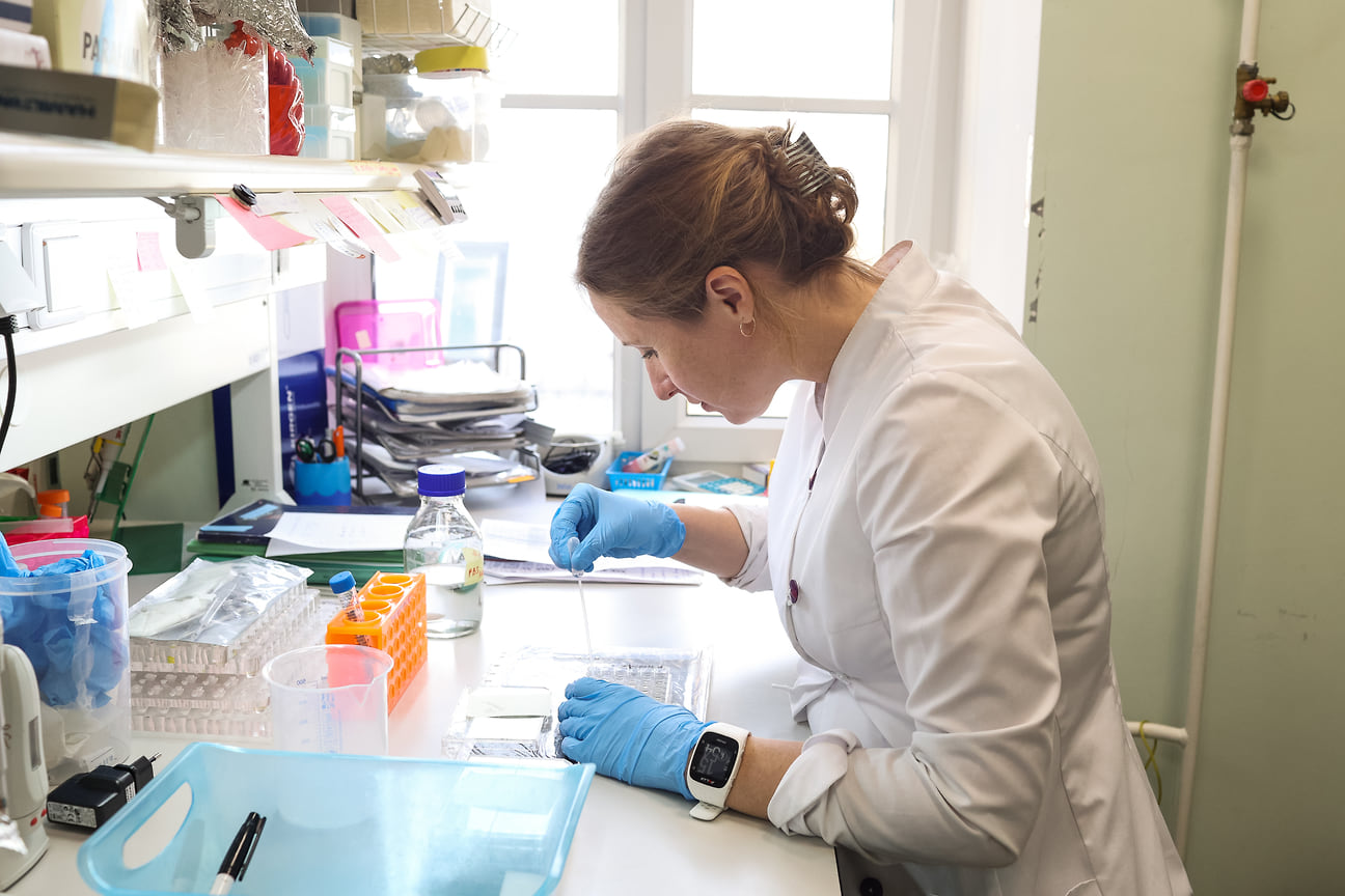 Научный сотрудник,  кандидат биологических наук Наталья Католикова работает с гистологическими срезами