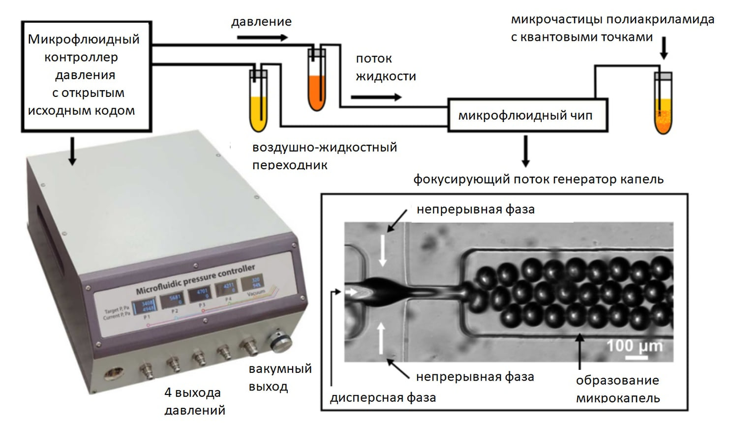 Схема экспериментальной установки для получения микрочастиц из акриламида с формированием квантовых точек в микрофлюидном устройстве