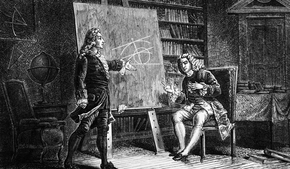 Гравюра с изображением Иоганна и Якоба Бернулли, работающими над геометрическими задачами