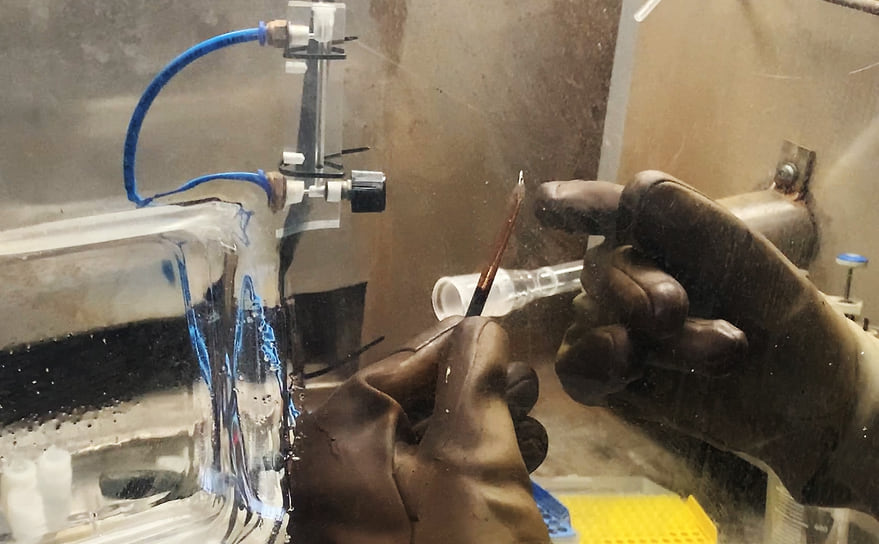 Работа с радиоактивным технецием ведется в перчаточном боксе