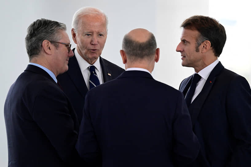 Премьер-министр Великобритании Кир Стармер, президент США Джо Байден, президент Франции Эмманюэль Макрон и канцлер Германии Олаф Шольц