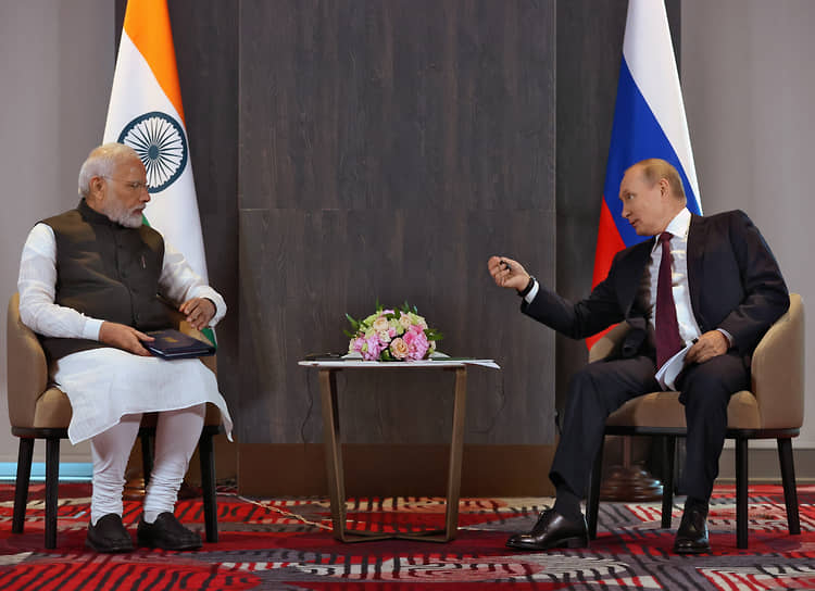 Нарендра Моди и Владимир Путин в 2022 году
