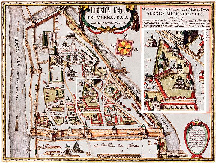 Известный план Московского Кремля, датируемый началом XVII века (времена царствования Бориса Годунова) и позднее, уже в 1662 году, включенный в атлас голландца Яна Блау. На нем Чудов монастырь (см. увеличенный фрагмент справа) представляет собой фактически центр крепости 
