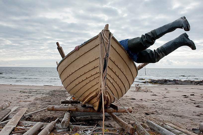 Рыбак достает улов из карбаса — традиционной поморской лодки  
