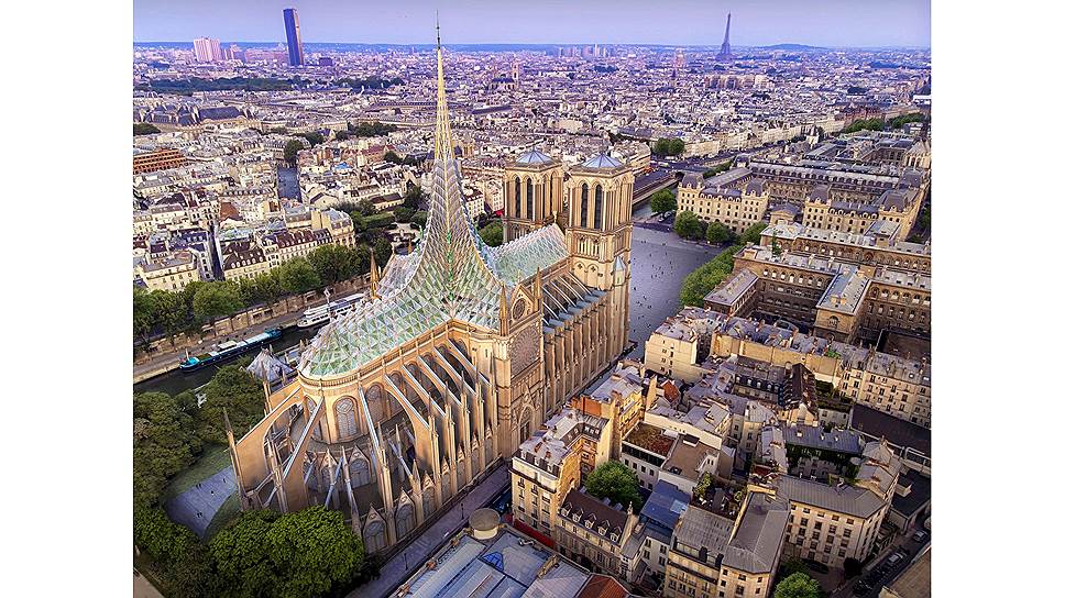 Проект бюро Vincent Callebaut Architectures называется «Палингенезис» («преобразование» или «новое рождение») и предполагает, что новая крыша будет вырабатывать тепло, электричество и энергию для вентиляции собора