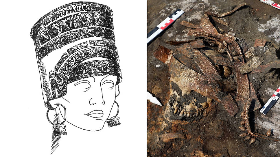 Слева: золотое украшение на голове женщины — признак знатного положения. Справа: скифский золотой калаф — прообраз кокошника. Реконструкция